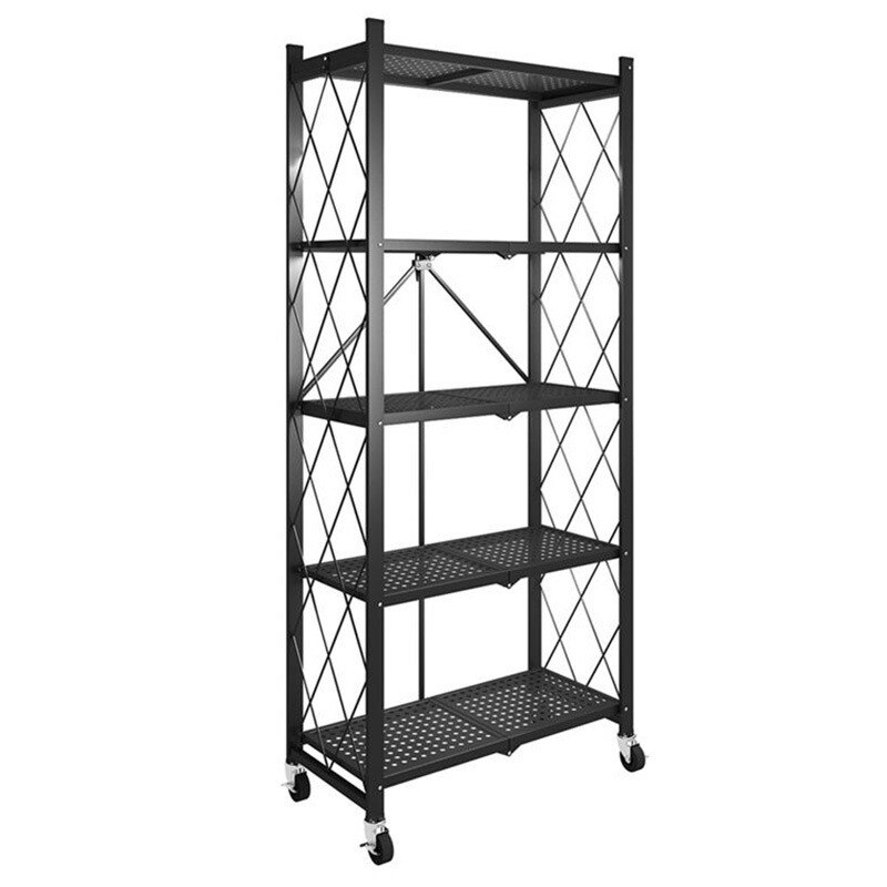 5-tier heavy duty metal rack. Foldable. With wheels. Black style. 1000 lbs capacity. Organize smartly. Move with ease. TBCEXP