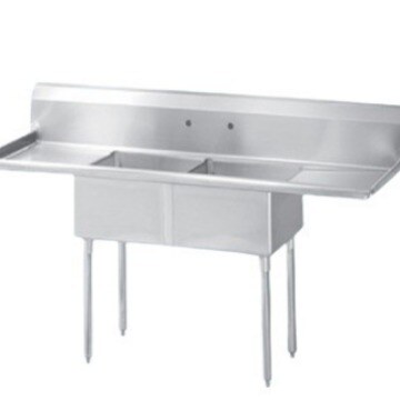 Stainless Steel Two Compartment Commercial Sink with Stainless Steel Legs, Cross Bracing, and 2 Drainboards TBCEXP